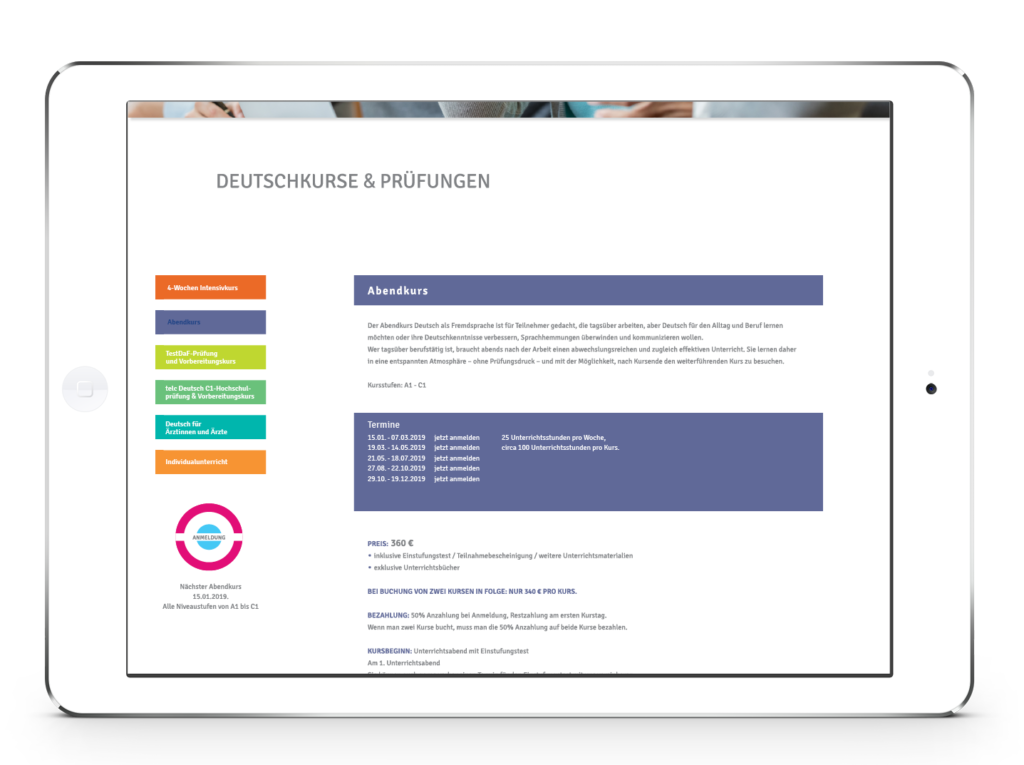 Sprachforum Heinrich Heine: Das Responsive Design der Website, zu sehen auf mobilen Endgeräten, hier auf dem iPad
