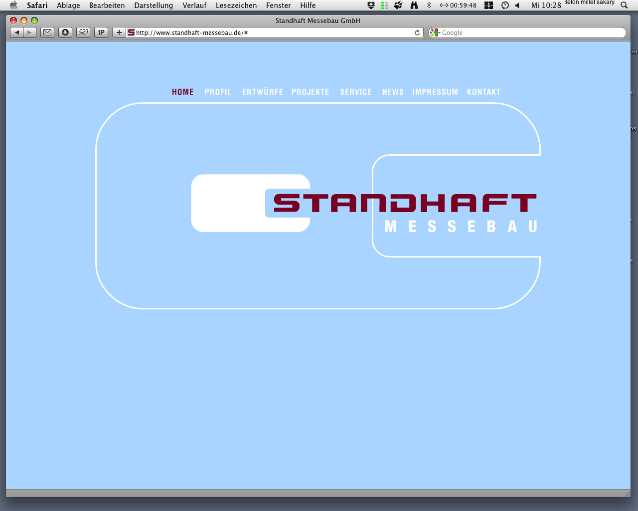 Standhaft Messbau Webseite "home" mit standhaft Messebau Logo auf Outline von Architekturelement dargestellt