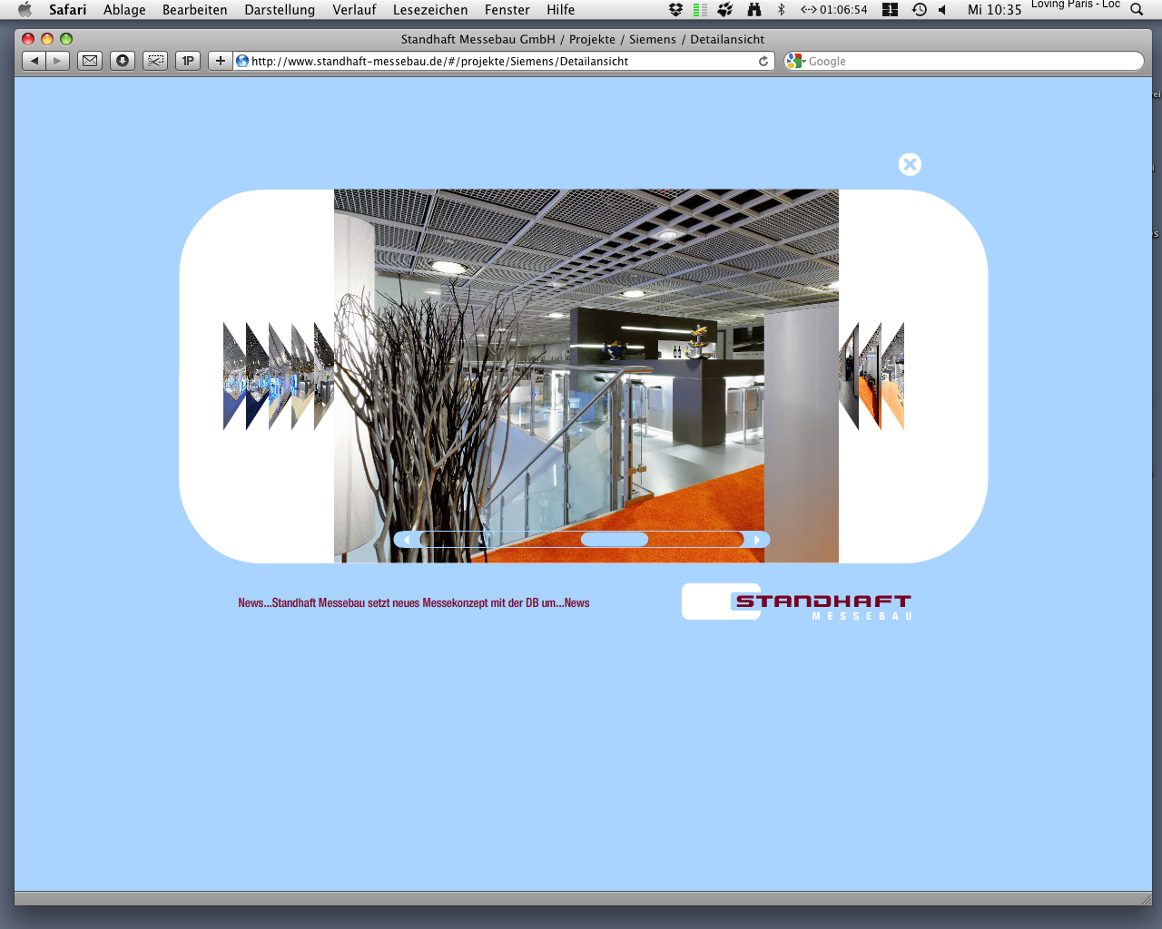 Standhaft Messebau Webseite "Projekte" Cover Flow Technik Detailansicht. Beispiel zeigt Fotos von einem Siemens Messestand