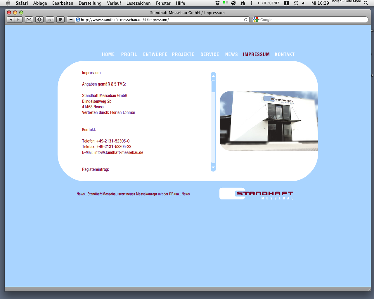 Webseite "Impressum" Infos und Foto von neuem Firmengebäude