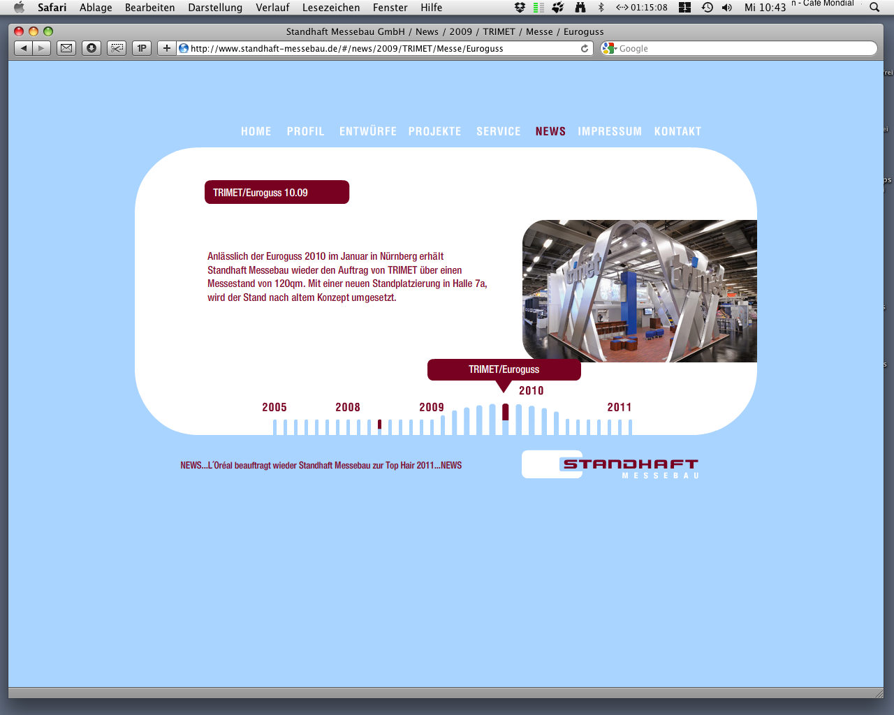 Standhaft Messebau Webseite "NEWS" Cover Flow Technik für Datum. Beispiel Messestand von Timet