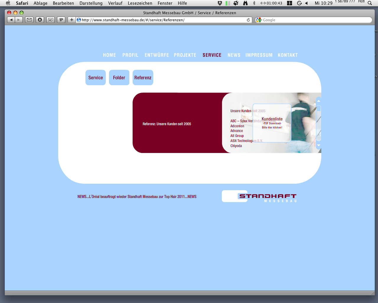 Standhaft Messebau Webseite "Referenz" Kundenliste mit Foto von Mitarbeiter im Hintergrund und Kundenliste als PDF download