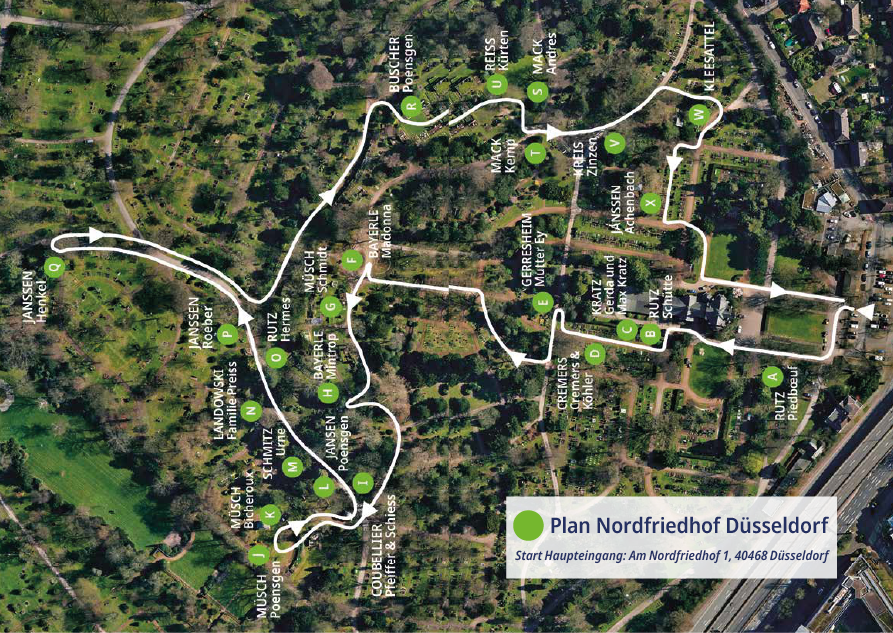 Buchgestaltung Kunst-Tour-City-Guide Düsseldorf: Tourplan Nordfriedhof Düsseldorf mit Kunstwerken