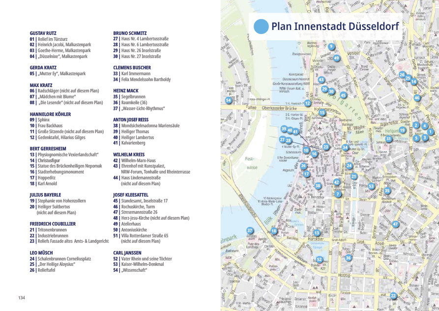 Buchgestaltung Kunst-Tour-City-Guide Düsseldorf: Plan der Innenstadt Düsseldorf mit Kunstwerken