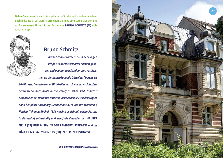 Buchgestaltung Kunst-Tour-City-Guide Düsseldorf: Bruno Schmitz, Porträt und Haus Inselstrasse