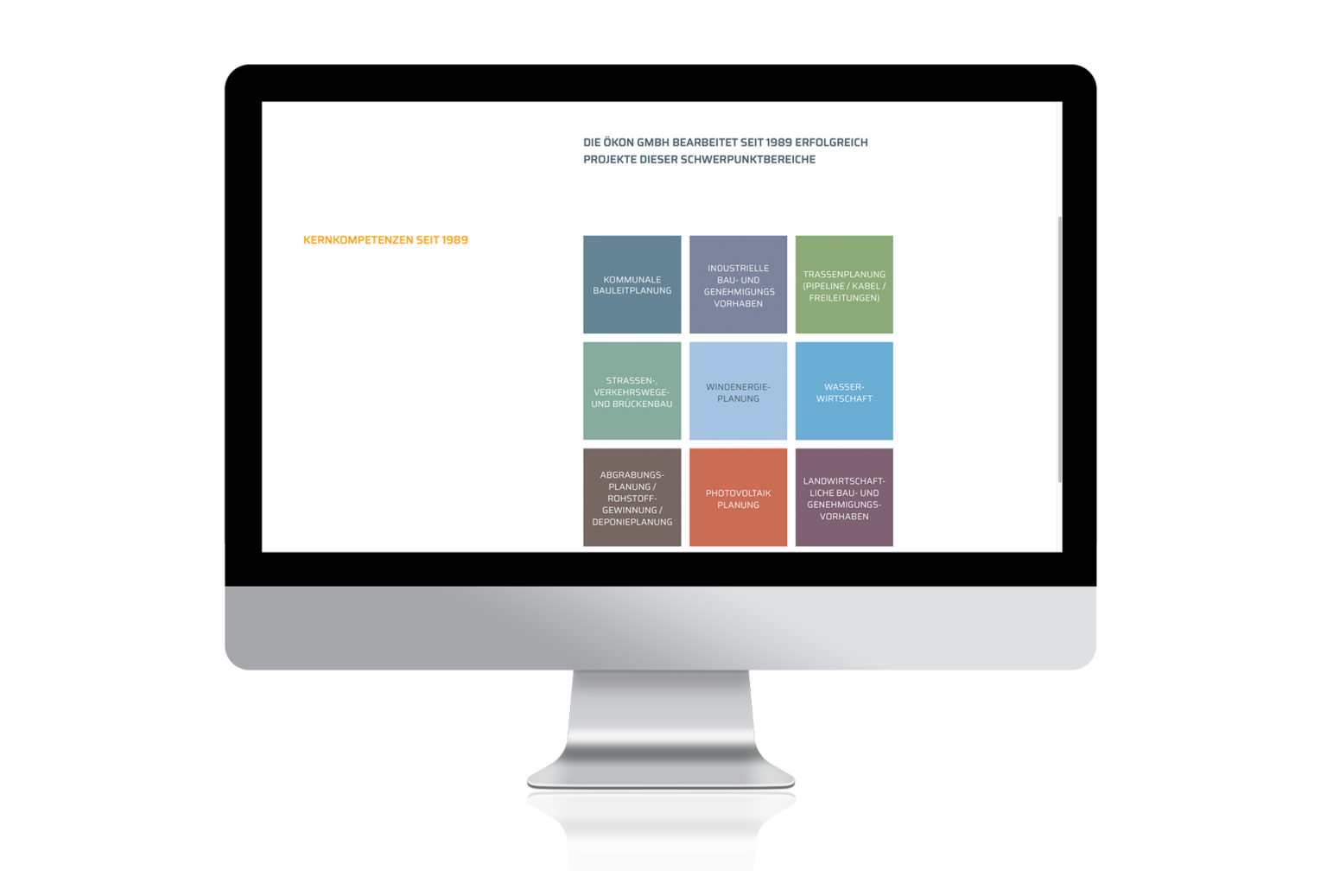 öKon Website: Arbeitsbereiche / Kernkometenzen. Zuordnung und Navigation über Quadrate mit den jeweiligen Farbcodierungen für die verschiedenen Kernkompetenzen