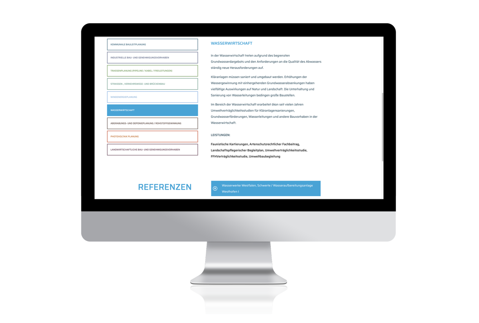 öKon Website: Arbeitsbereiche / Referenzen Wasserwirtschaft. Leistungen und Referenzen von Ökon im Bereich Wasserwirtschaft als Akkordeon zum Ausklappen