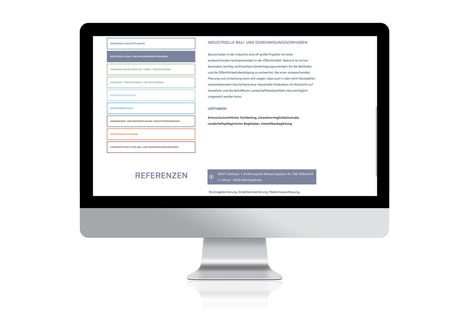 öKon Website: Arbeitsbereiche / Referenzen INDUSTRIELLE BAU- UND GENEHMIGUNGS­VORHABEN. Leistungen und Referenzen als Akkordeon, zum Ausklappen