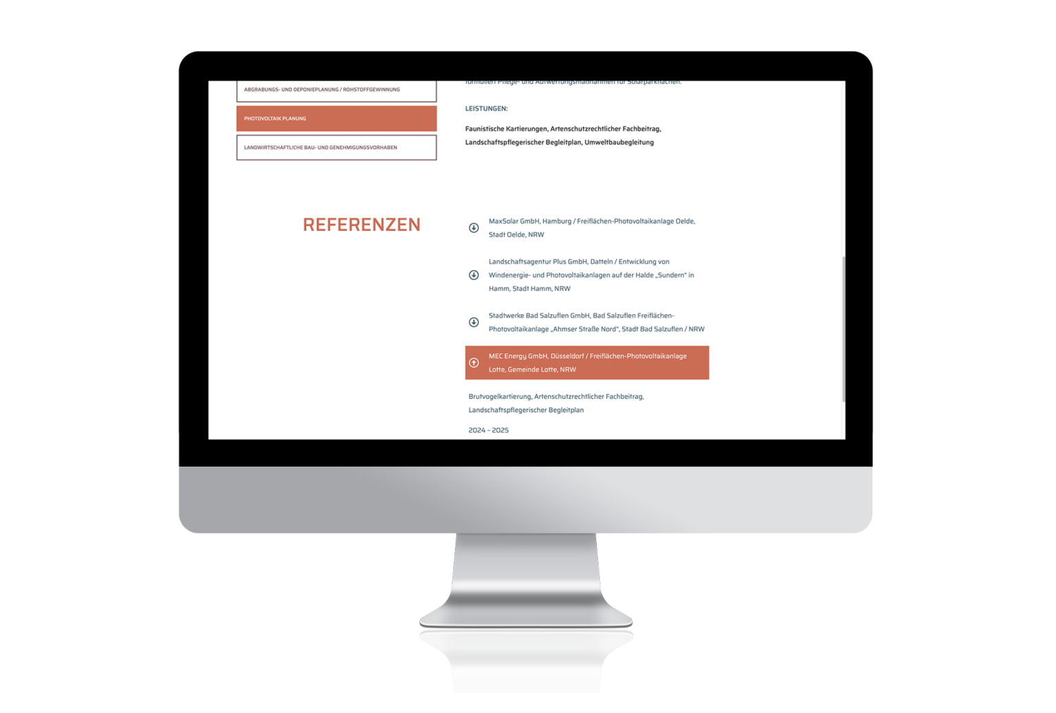 öKon Website: Arbeitsbereiche / Referenzen Photovoltaik. Leistungen und Referenzen von öKon im Bereich Photovoltaik als Akkordeon zum Ausklappen