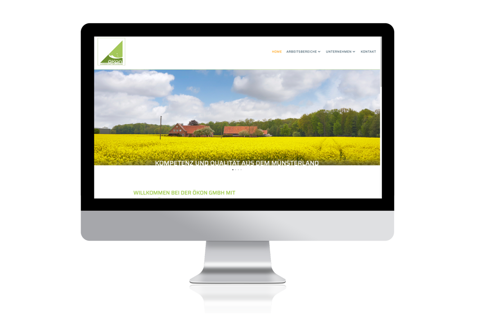 öKon Website: Homepage Slider. Exemplarisch für Kompetenz und Qualität aus dem Münsterland sieht man einen Bauernhof inmitten eines Rapsfeldes