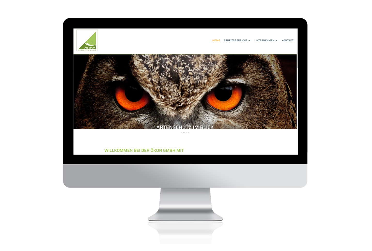 öKon Website: Homepage Slider / Artenschutz im Blick. Die prägnanten Augen eines Uhus deuten auf das Thema Artenschutz