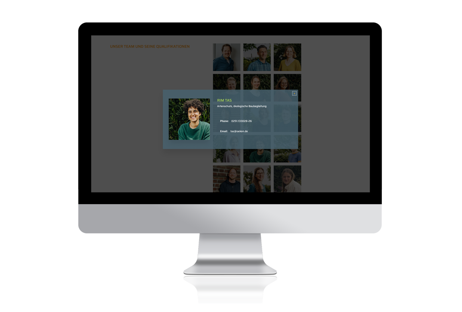 öKon Website: Unternehmen / Team. Pop up mit Berufsfeld, Kontakten Foto einer Mitarbeitern