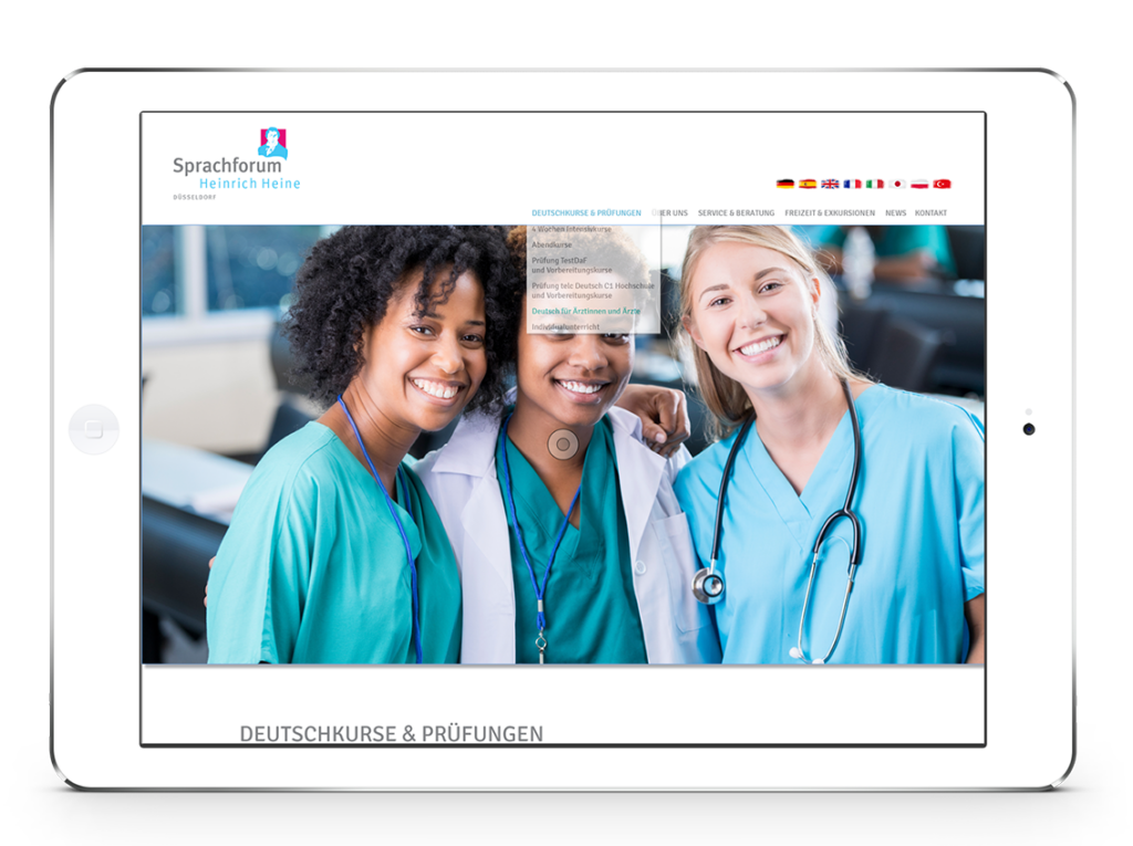 Sprachforum Heinrich Heine: Das Responsive Design der Website, zu sehen auf mobilen Endgeräten, hier auf dem iPad