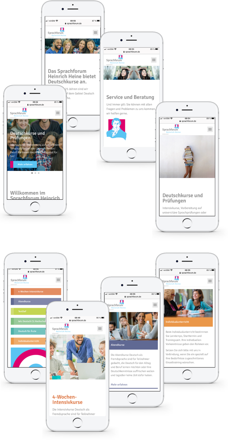 Sprachforum Heinrich Heine: Das Responsive Design der Website, zu sehen auf mobilen Endgeräten, hier auf dem Handy 8 Seiten