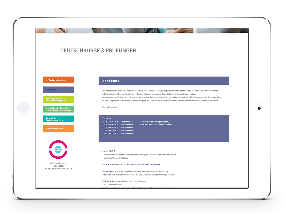 Sprachforum Heinrich Heine: Das Responsive Design der Website, zu sehen auf mobilen Endgeräten, hier auf dem iPad